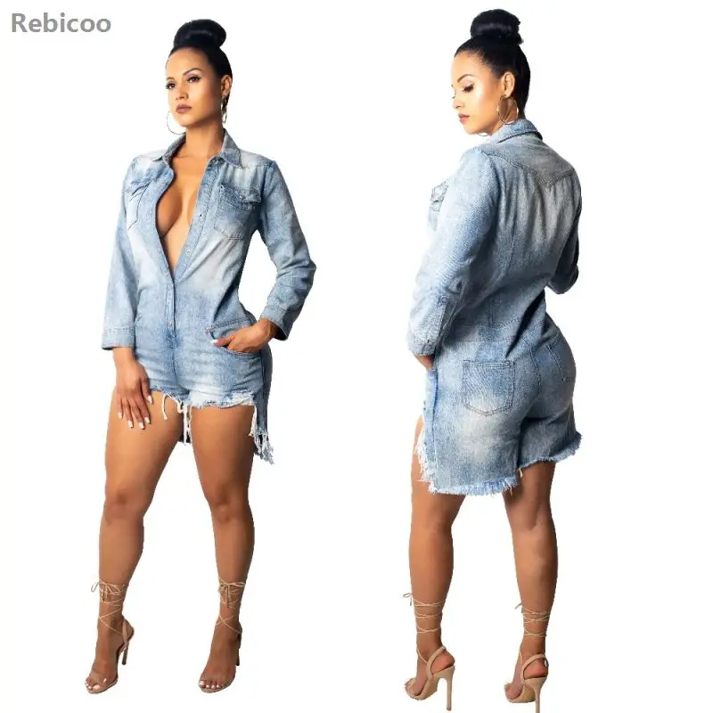 Ripped Shirt Denim Playsuits Women Spring Casual Long Sleeve Elegant Short Jumpsuit Loose Fashion Jumpsuit Rompers