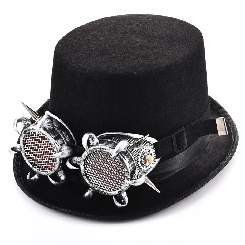 

Steampunk Goggles Hat Rivets Goggle Glasses Black Hats Punk Style Fedora Headwear Gothic Lolita Cosplay Hat Accessories Costumes