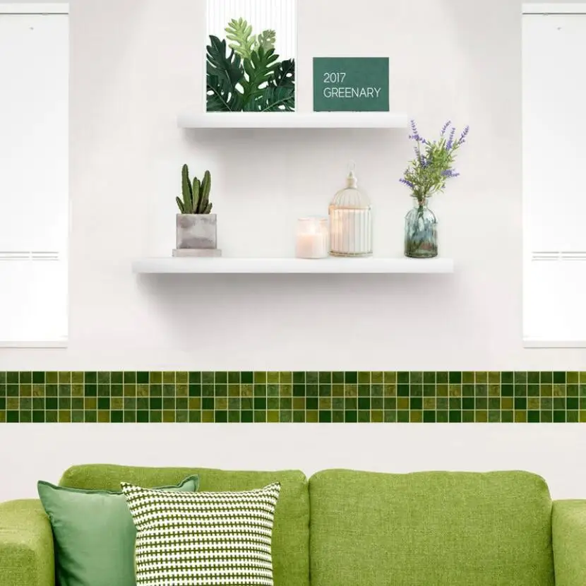 Classic Green Grid Wallpaper Borders Waterproof Bathroom Tile Waist Line Stickers Diy Adhesive Kitchen Wall Decor Sticker Ez073