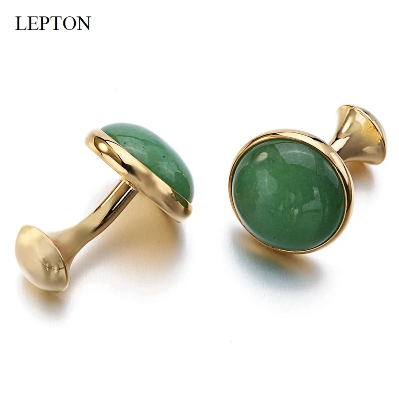 Lepton Opal Cufflinks for Mens Gold Color Low-key Luxury Round Green Aventurine Stone Cuff links Business Wedding Cufflink