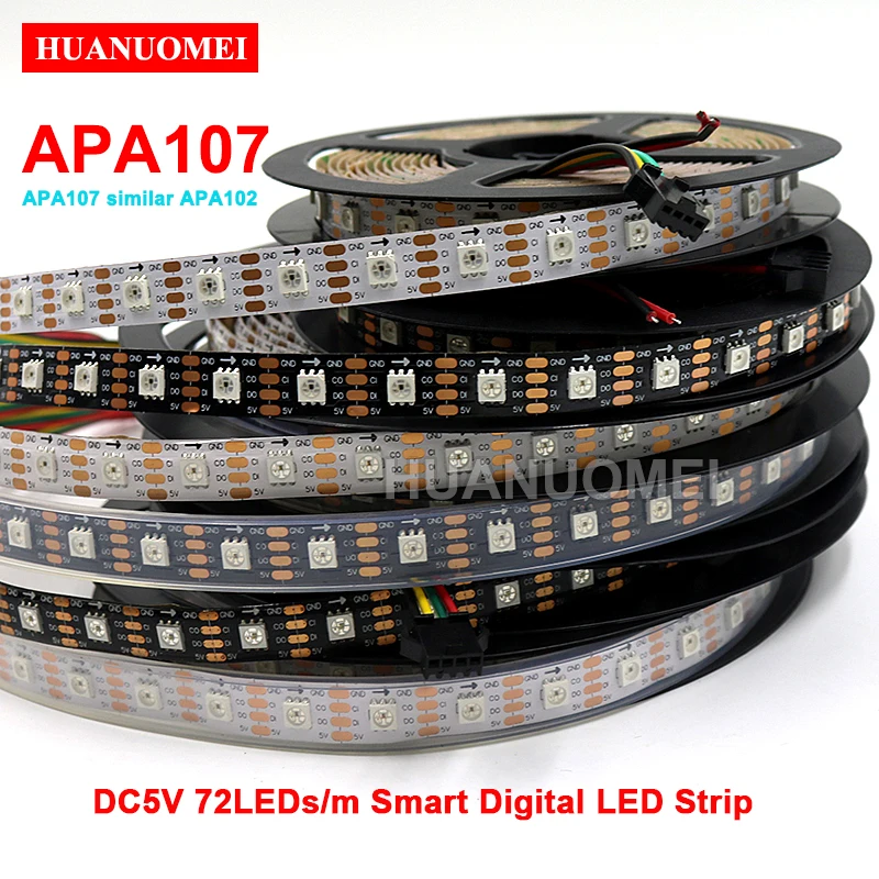 5M 72LEDs/m APA107(similar APA102) Addressable Smart RGB LED Strip 5050 SMD Pixel Tape Light 5V,White/Black PCB,IP20/IP65/IP67