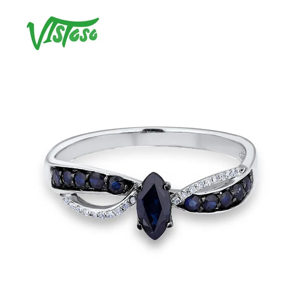 VISTOSO 14K 585 White Gold Ring For Women Genuine Ring Shimmering Diamond Blue Sapphire Elegant Wedding Band Trendy Fine Jewelry