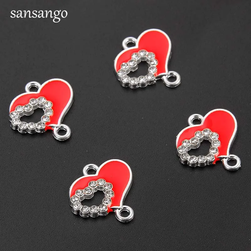 10pcs Red Enamel Love Heart Pendant  Charms Connector DIY Crystal Bracelet Necklace Earrings For Women Jewelry Making Finding