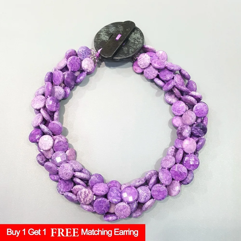 

LiiJi Unique Big Statement Choker Necklace Purple Jaspers Charoite Coin Beads 5 Rows Necklace Big Jades Toggle Clasp 50cm/20''