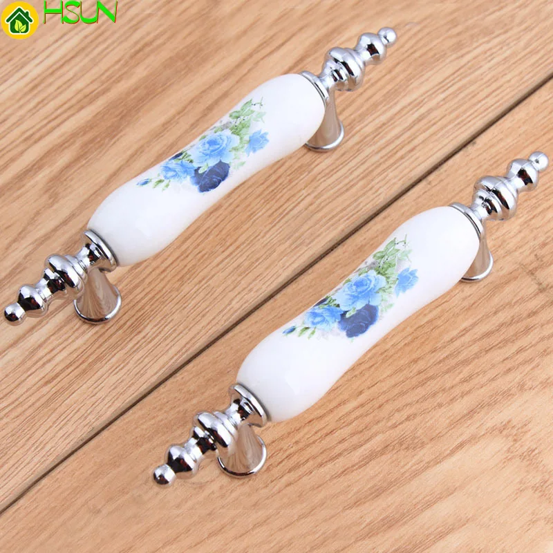 

76mm Fashion Rural Blue Flower Ceramic Kitchen Cabinet Cupboard Door Handles 3" Silver Drawer Dresser Pulls Knobs