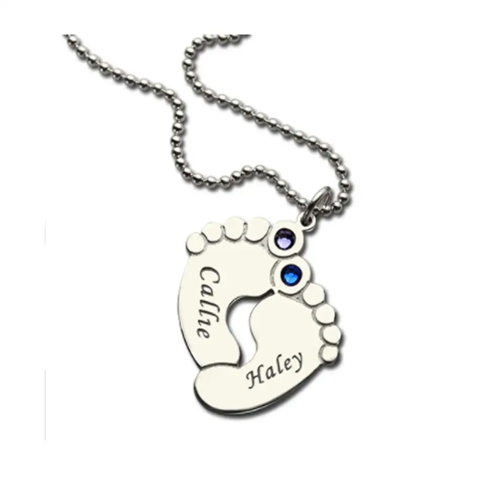 Amxiu Custom Two Names 925 Sterling Silver Necklace with Birthstones Baby Feet Pendant Necklace Personalized Jewelry For Mother