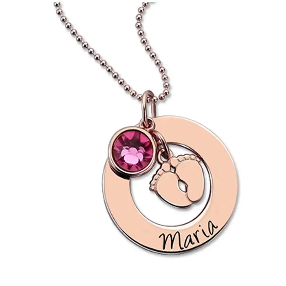 Amxiu 100% 925 Sterling Silver Necklace Customize Name Pendant Necklace Personalized Baby Feet with Birthstone Necklace for Mom