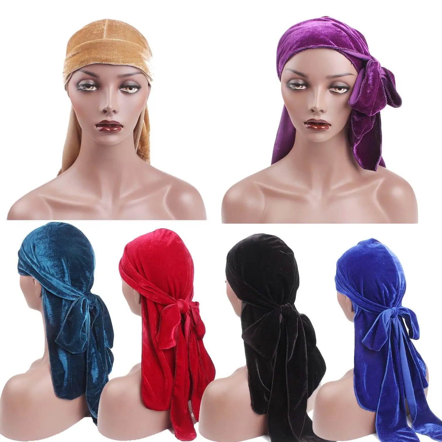 Unisex Velvet Bandana Long Tail Braid Hat Head Wrap Elastic Cap Scarf Men Women Muslim Pirate Hat Turban Headwear Pirate Caps