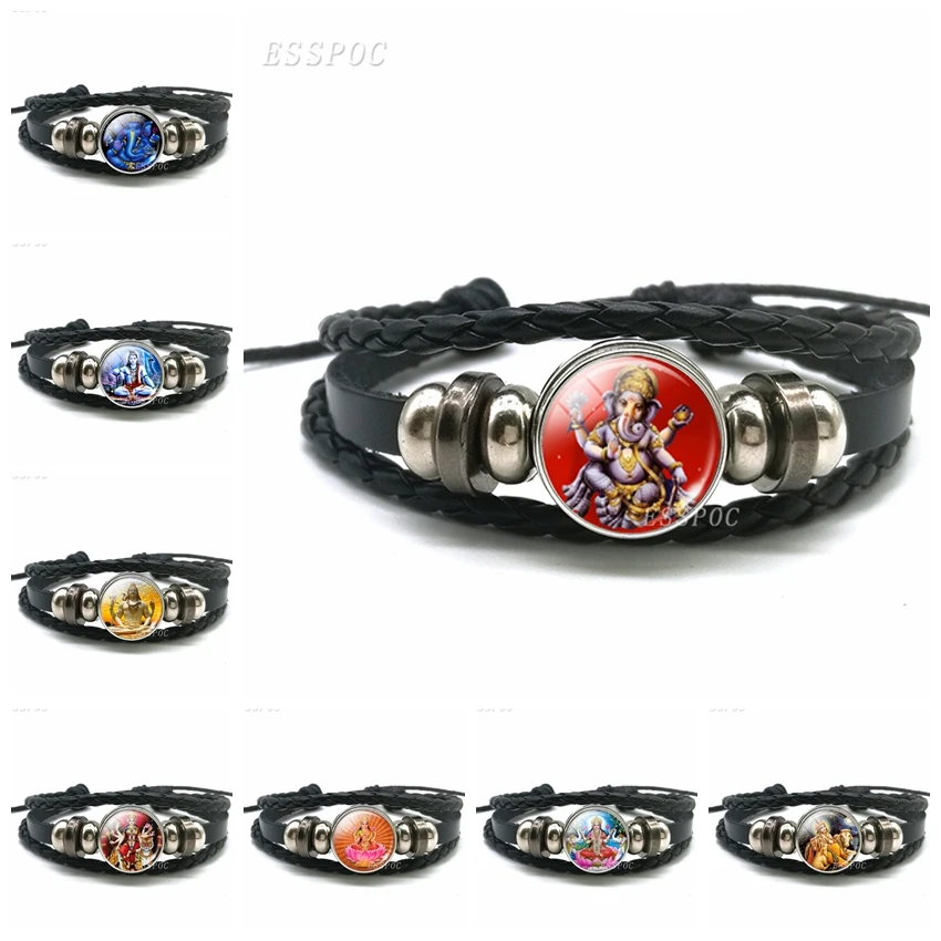 Fashion Hinduism Elephant God Ganesh Lucky Black Button Woven Glass Bracelet Braided Leather Charm Jewelry for Men Women Gift