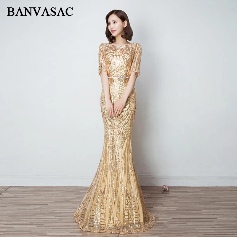 BANVASAC Illusion O Neck Sequined Half Sleeve Mermaid Long Evening Dresses Elegant Party Metal Leaf Sash Prom Gowns