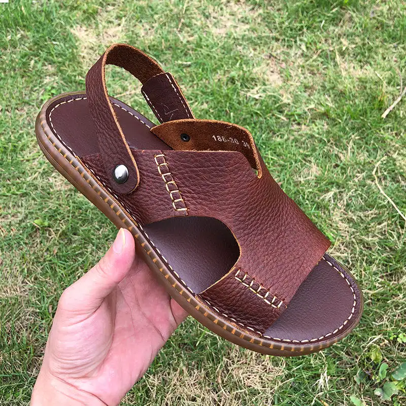 

US Size Men's Slides Shoes Lichee Grain Genuine Leather Casual Sandals Summer Outdoor Footwear Mature