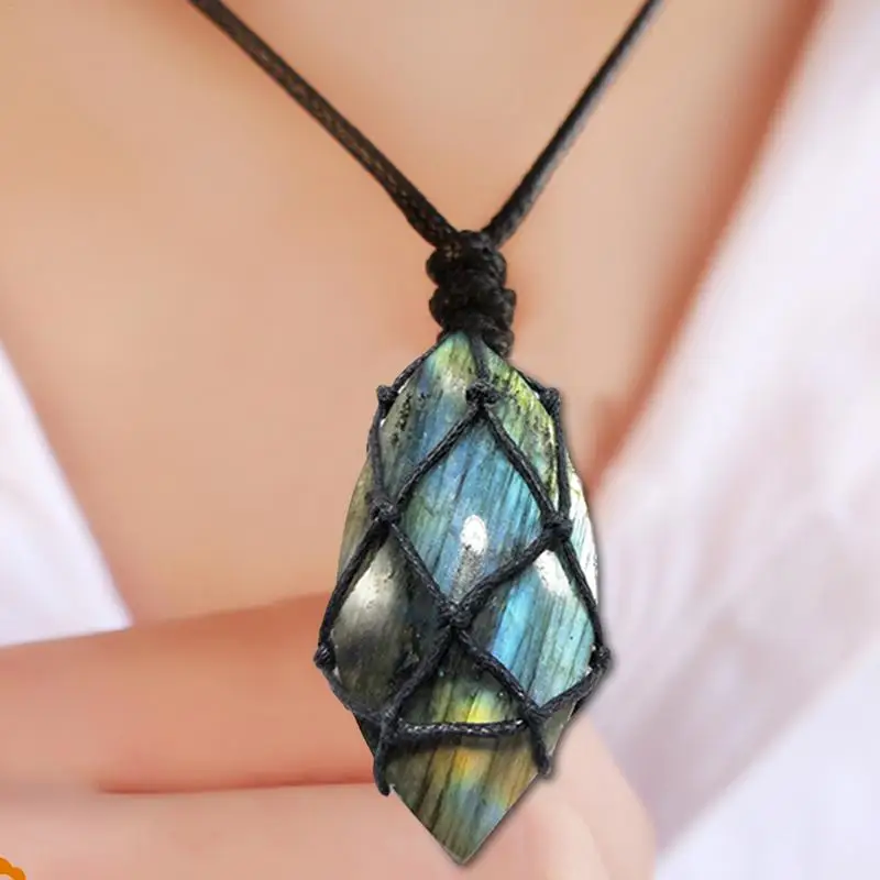 Dragons Heart Labradorite Necklace Jewelry Natural Stone Pendant Wrap Braid Yoga Macrame Necklaces Energy Necklace Ornament