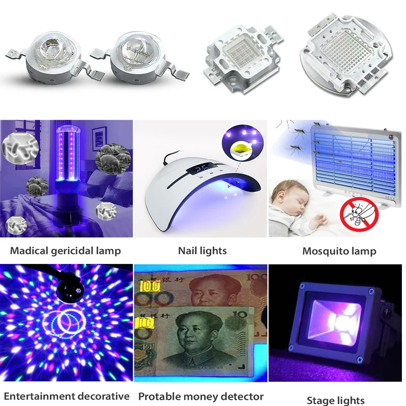 Tiaochongyi 紫パープルハイパワー LED チップ 360Nm 375Nm 385Nm 395Nm 405Nm UVA UVB 照明ビーズ 3 5 10 20 30 50 100 ワット