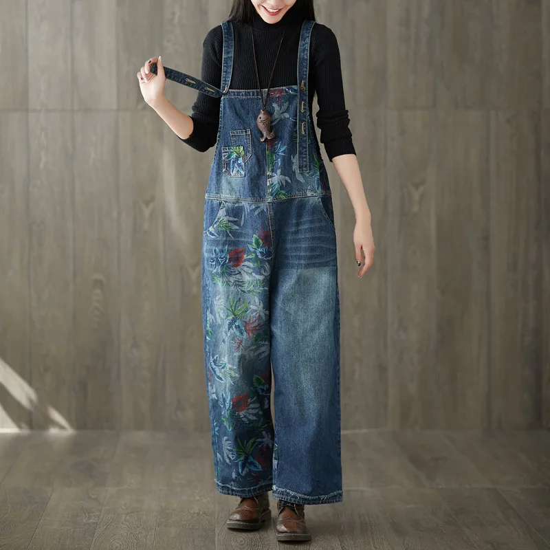 

Women Wide Leg Suspenders Bib jean Jumpsuits Vintage Printed denim Overalls Big size Bleached Drop Crotch Denim Rompers Pants