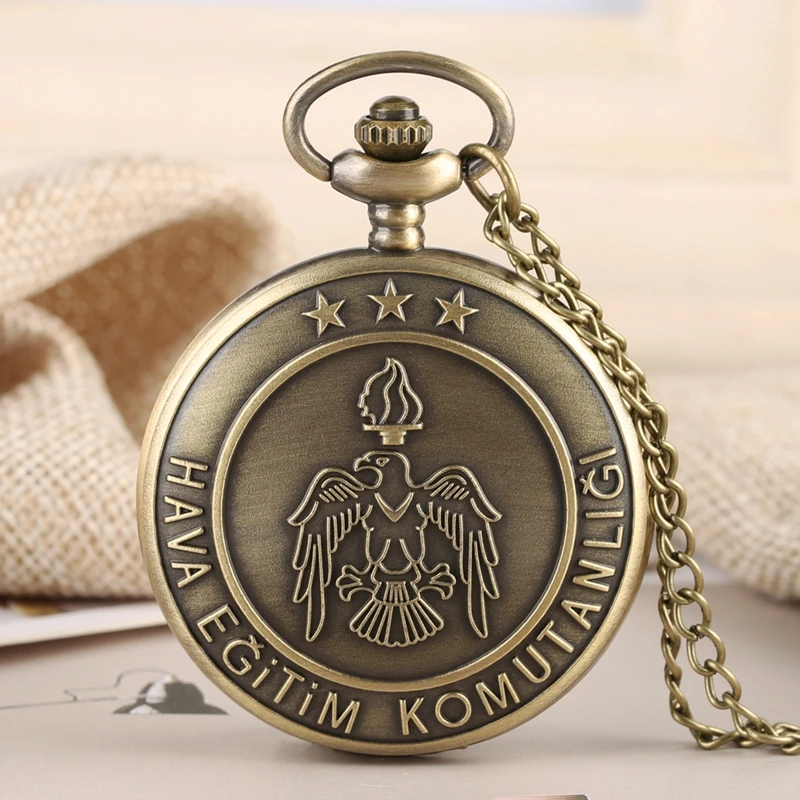 Bronze Eagle Pattern Quartz Pocket Watch Men Turkish Air Force Training Command Clock Necklace Pendant Boys Gifts + 80cm Chain