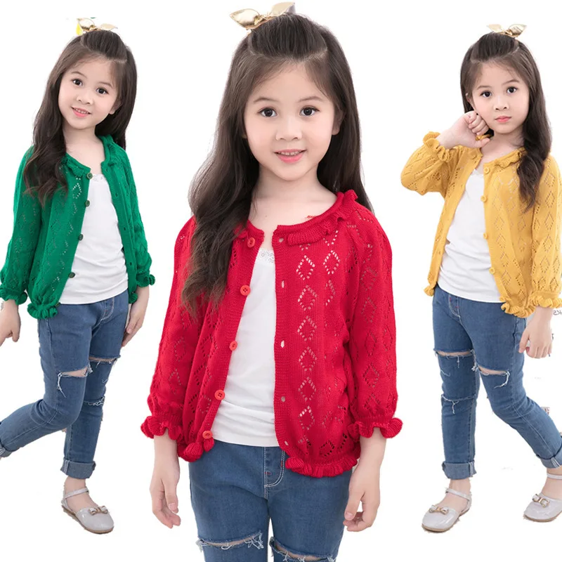 Spring Autumn Girls Hollow Out Ruffles Ruched Cardigan Sweater 4 Colors Baby Girls Preppy Style Thin Knitted Sweaters 2-14T