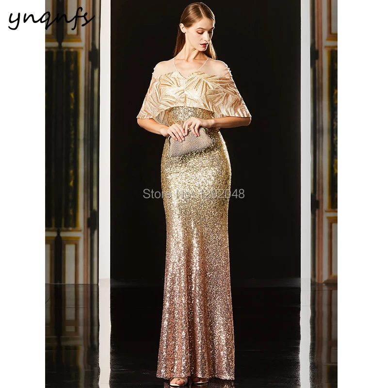 YNQNFS M86 Ombre Sequins Gold Champagne Mother of the Bride Dresses Cape Sleeves Robe Soiree Vestido Party Dinner Formal Dress