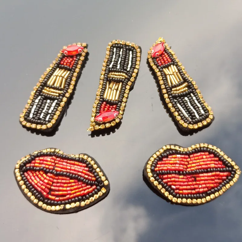 1Pair Red Lip Lipstick Beaded Rhinestone Patches for Clothing 3D Parches Sewing Beading Applique Bags Sweater Shoes Patch