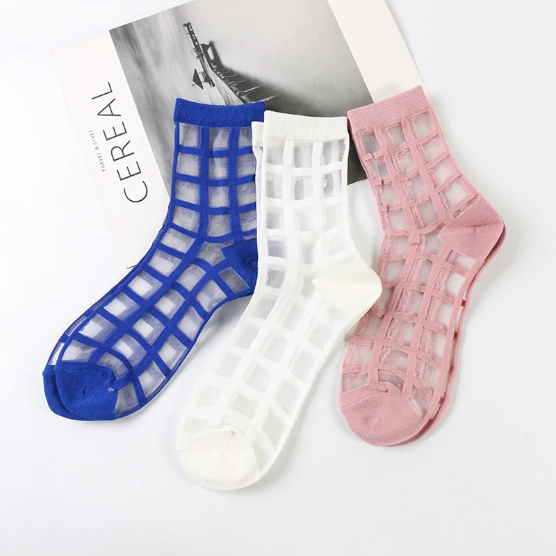 

DONG AI 3 pairs fashion plaid women cool socks transparent ultra-thin new arrival plaid glass silk female socks