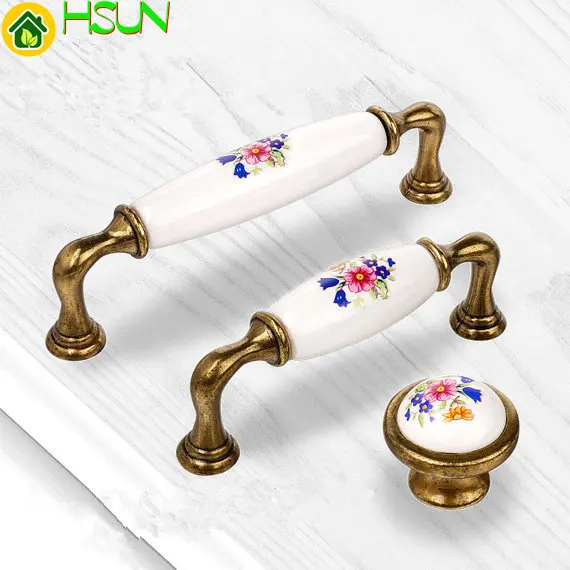 

3.75'' 5'' Antique Bronze White Ceramic Flower Door Handles Cabinet Pulls Dresser Knob Hardware Rustic Kitchen Handles And Knobs