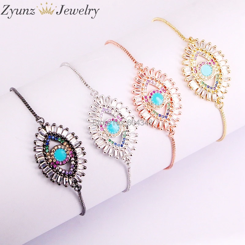 

10PCS ZYZ333-5458 Turkish Style Micro pave CZ zircon Bracelet, CZ Eye charm adjustable chain slide bracelets for women