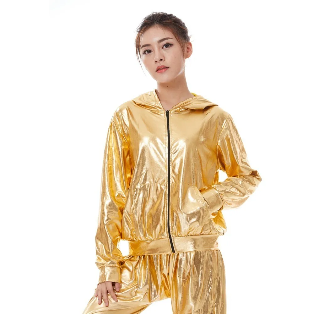 Heroprose Spring Autumn Kid Audlt Bomber With Pockets Jacket Gold Stage Performance Paillette Feminina Casaco Hip Hop Dance Coat