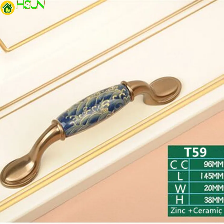 

96mm Champagne Bronze Dresser Cupboard Door Handle Creative White Blue Porcelain Furnture Handles Ceramic Drawer Cabinet Pulls