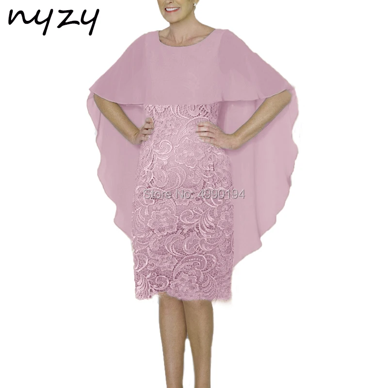 

NYZY M46H Wedding Party Dress Guest Wear Short Mother of the Bride Lace Dresses Pink Groom Mother Outfits with Cape Sleeves