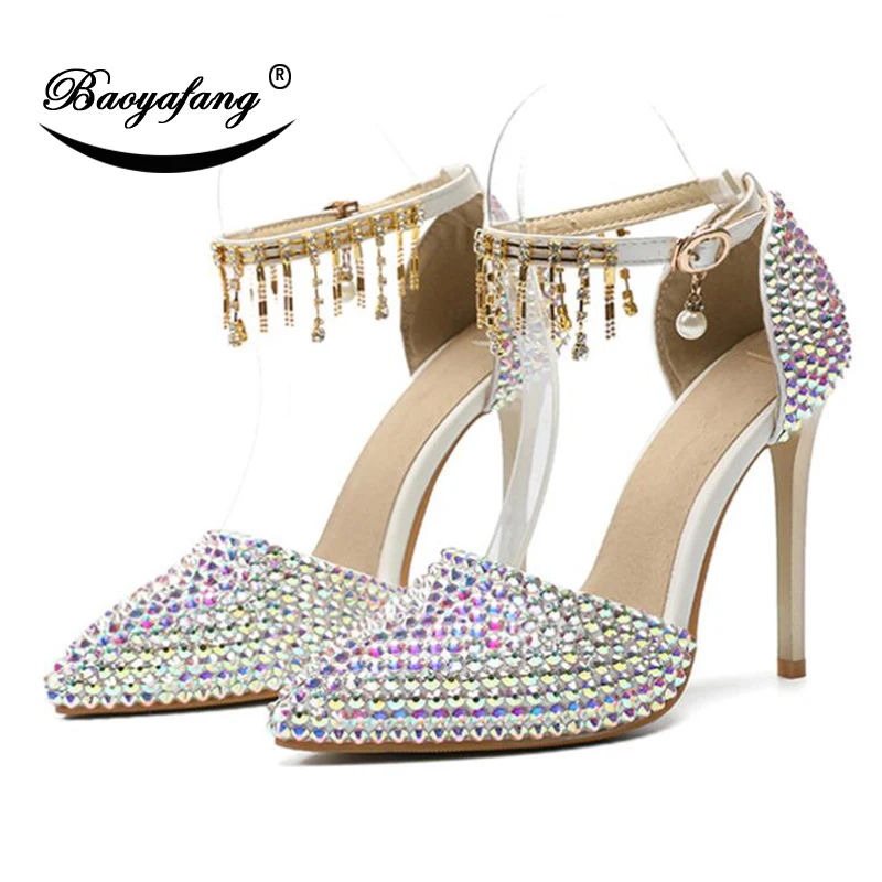 

BaoYaFang 2019 NEW ARRIVE AB Crystal Wedding shoes Woman 11cm High heels pointed toe Bridal Party dress shoe plus size 46