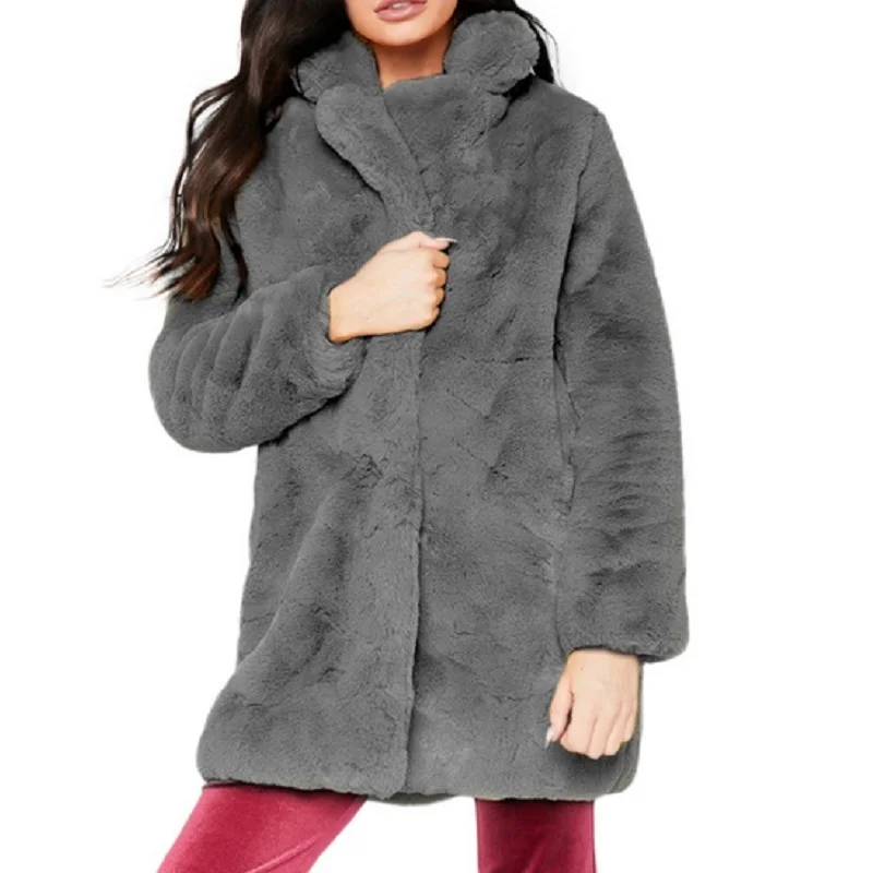 Women Autumn Spring Fluffy Plush Faux Fur Coat Casual Long Sleeve Turn-down Collar Pockets Jacket Outwear  3X