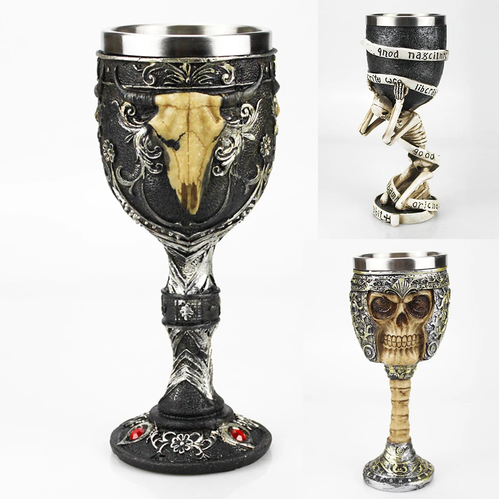 3D Gothic Wine Goblet Contain Skeleton Viking Pirate Slave Gear Skull Metal&Resin Wine Glass BEST Halloween Gifts Bar Drinkware