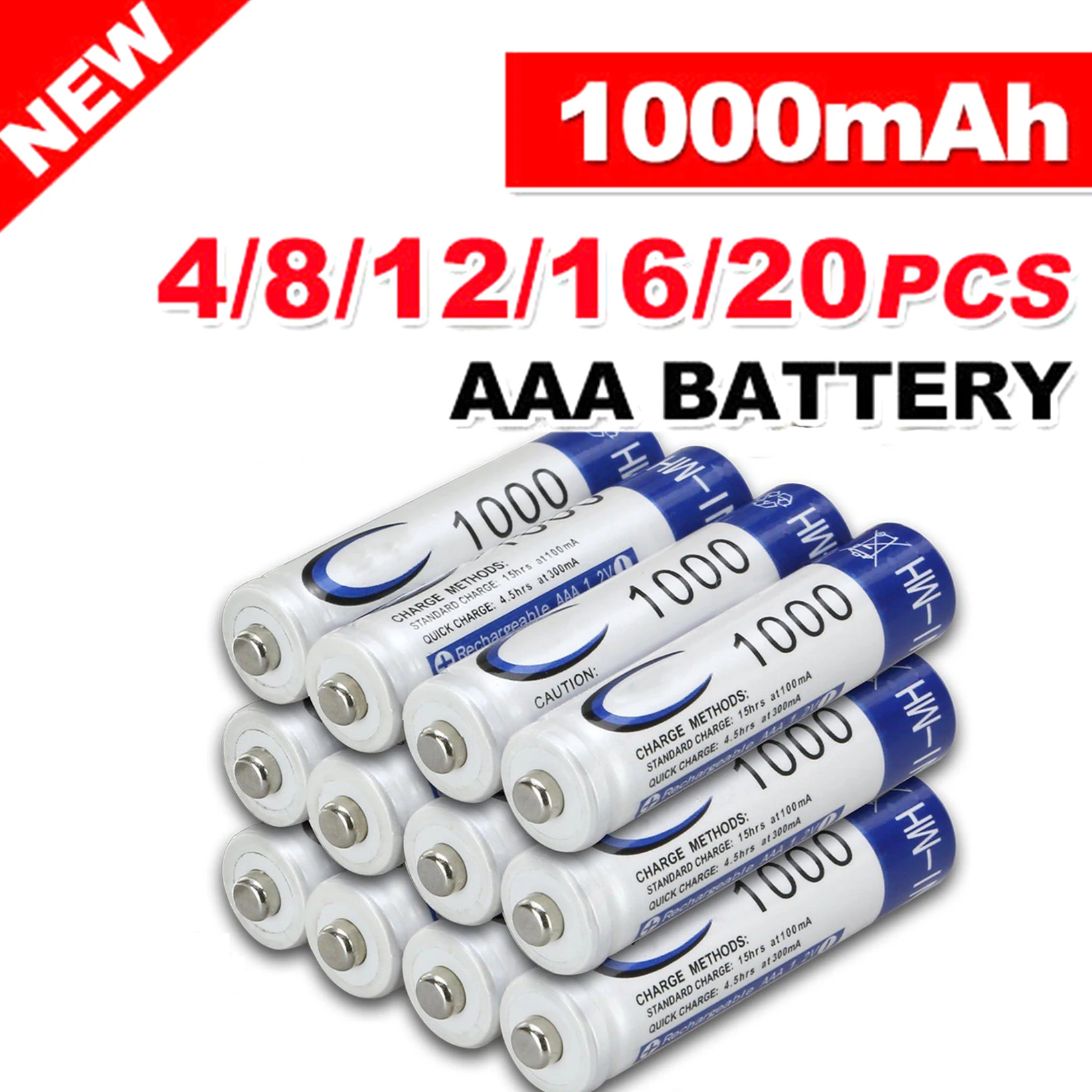 Pilas recargables AAA para juguetes, pilas recargables Ni-MH de 1,2 V y 1000mAh, 4-20 unidades