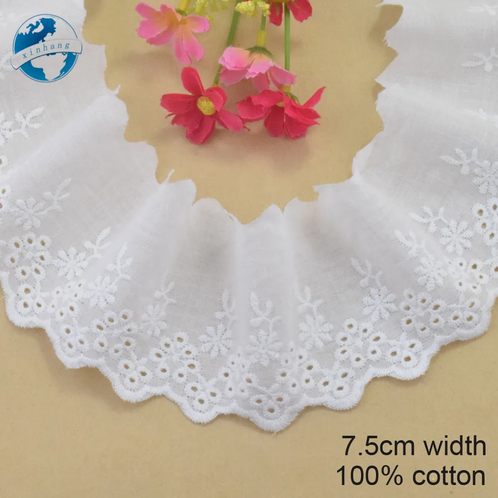 7.5cm cotton white embroided lace dolls ribbon wedding trim DIY sewing Accessories supplies african french lace applique #3535