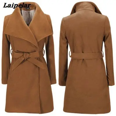 Long Elegant Wool Coat for Women Warm Winter Jacket with Lapel Belt Solid Color Slim Fit Long Outerwear