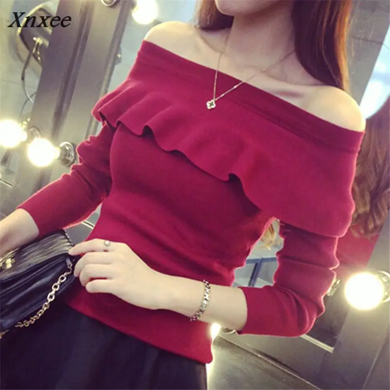 

Autumn Slim Women Thin Sweaters Korean New Fashion Sexy Slash neck Ruffles Knitwear Long Sleeve Solid Pullover Tops 62652 Xnxee