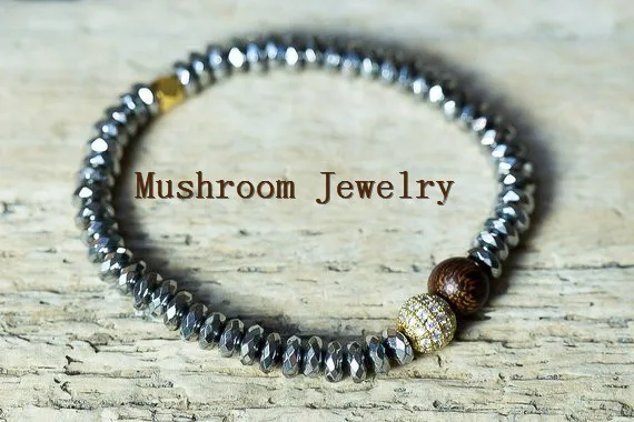 Silver Plated Roundel Hematite Pave Zircon Beads Wood Strand Bracelet