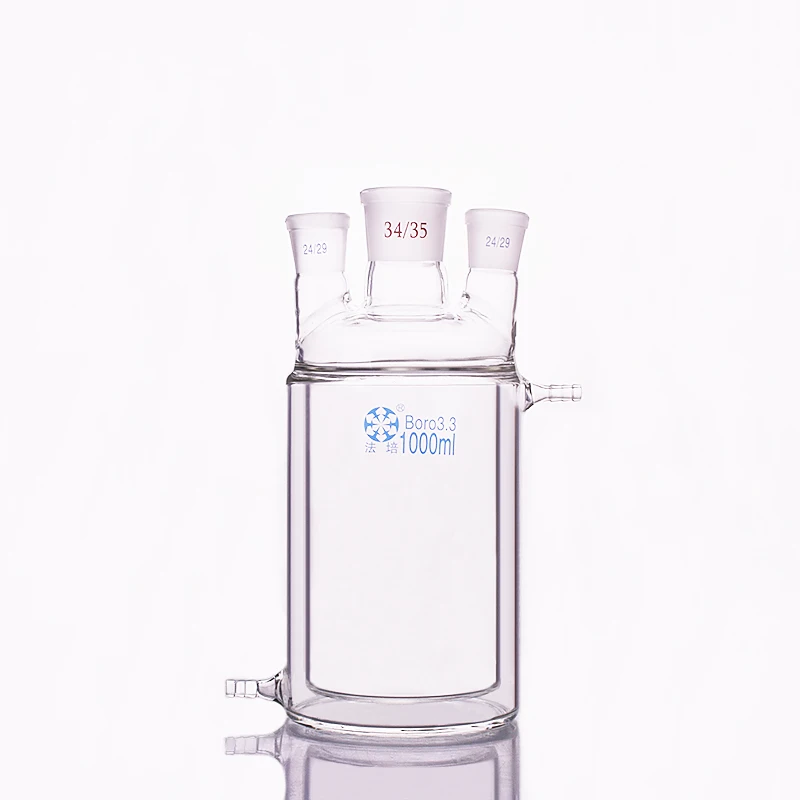 

Double-deck cylindrical three-necked bottom flask 1000ml,Straight shape 24/29+34/35+24/29,Mezzanine jacketed reactor bottle