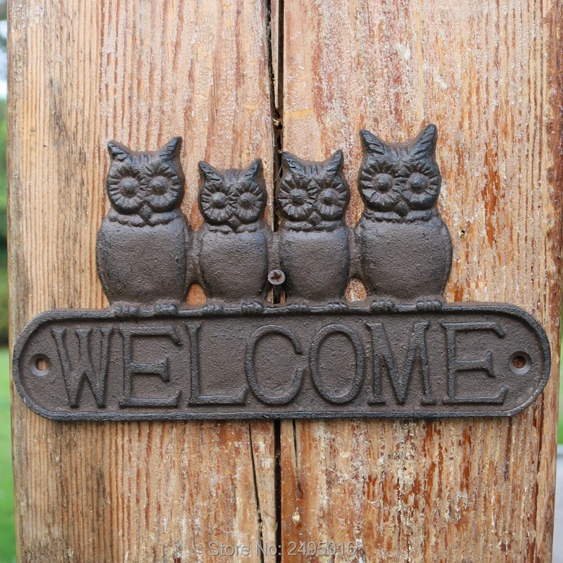 

Antique Style Cast Iron Four Owls Welcome Plaque Wall Decor for Coffee Shop Tea Shop Bar Restaurant Outside Wall Mounted