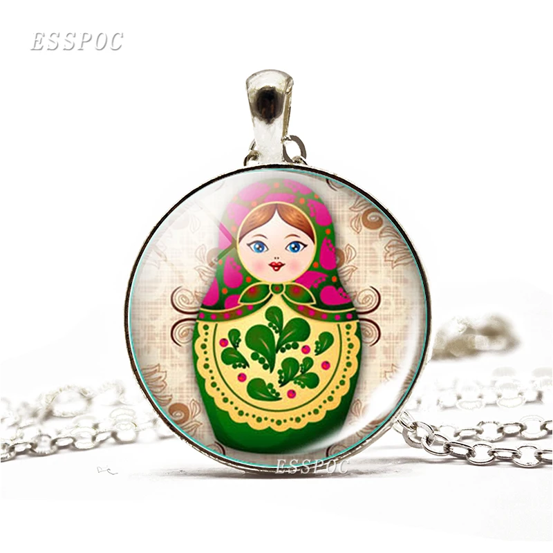 Russian Doll Necklace Glass Cabochon Dome Jewelry Matryoshka Sleeve Dolls Cartoon Necklaces Pendant Chain Choker Women Kid Gifts