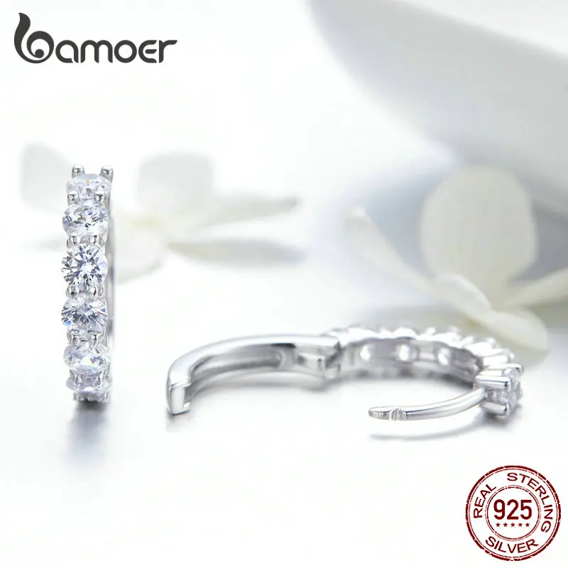 BAMOER Wedding Hoop Earrings for Women Sterling Silver 925 High Quality Cubic Zirconia Tiny Ear Hoops Statement Jewelry SCE524