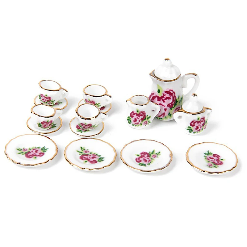 New 15 pieces Porcelain tea set Dollhouse miniature foods Chinese rose dishes cup