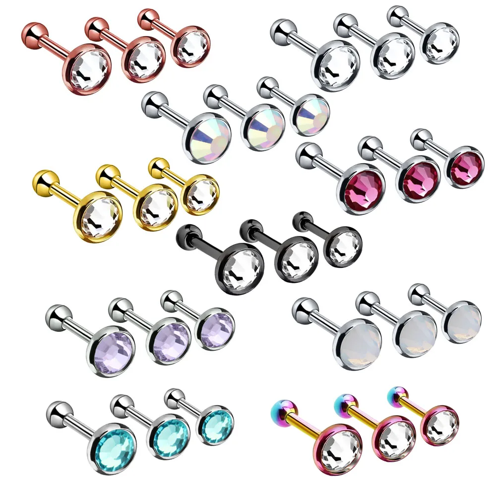 3PCS/lot Stainless Steel Crystal Ear Cartilage Piercing Earring Set 16G Zircon Labret Lip Piercing Lot Tragus Piercing Ear Studs