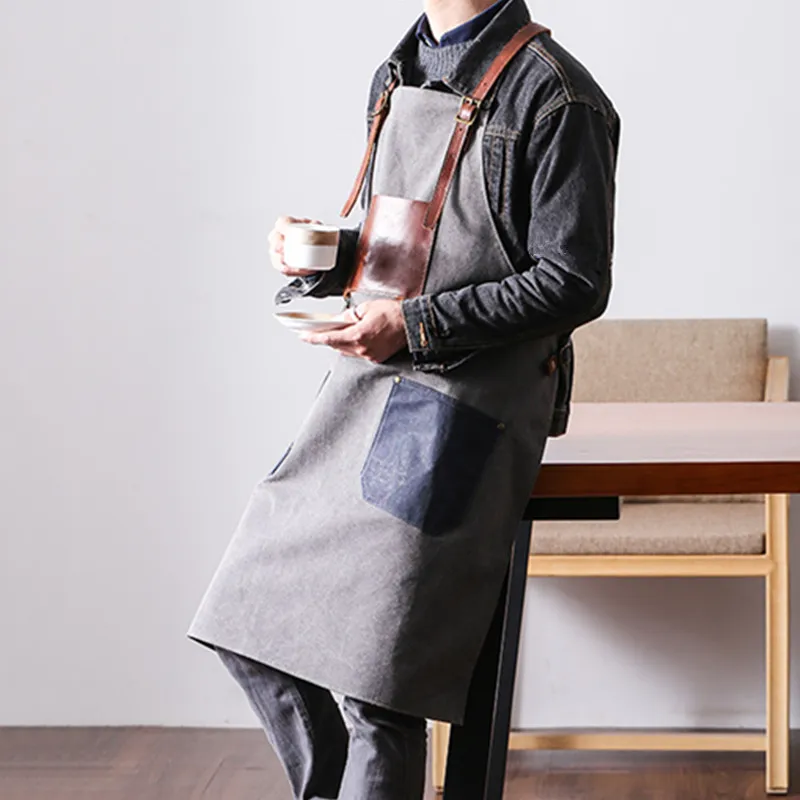 

Blue Gray Canvas Apron Cotton Leather Strap Barber Florist Gardener Painter Work Wear Barista Bartender Waitstaff Uniform K90