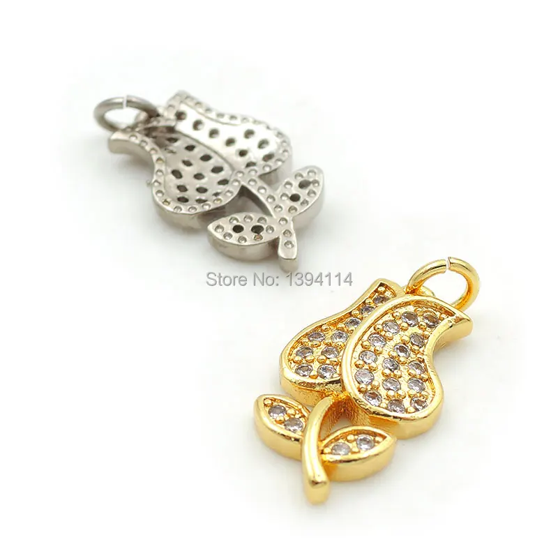 15*9*2mm Micro Pave Clear CZ Rose Charm Fit For Men And Women Making Bracelets Or Necklaces Jewelry