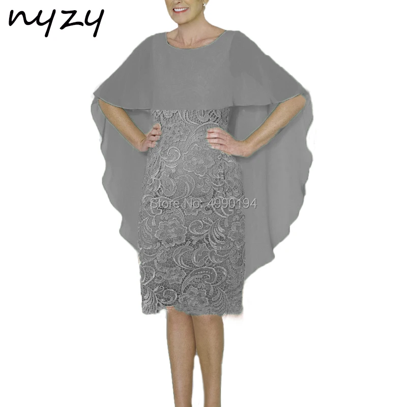 

NYZY M46C Wedding Party Dress Guest Wear Robe Cocktail Short Grey Mother of the Bride Dresses Groom Mother Outfits Cape Sleeves