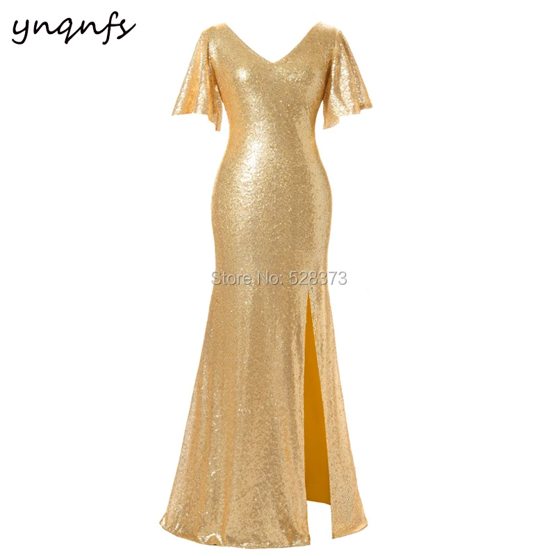 

YNQNFS B29 Chic V Neck Cap Sleeve High Leg Slit Mermaid Sparkling Gold Party Gown Sequin Bridesmaid Dresses 2019