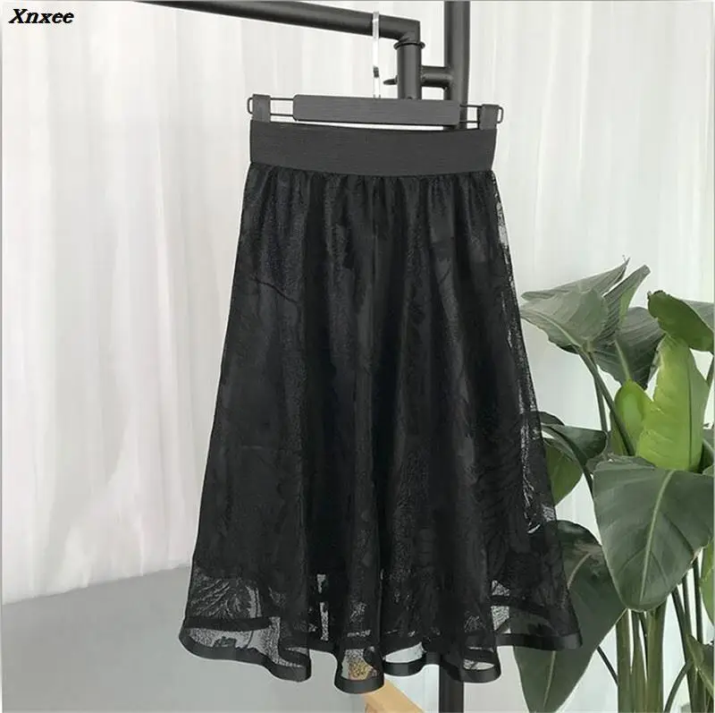 2018 Nieuwe Lente Zomer Vrouwen Zwarte Rok Koreaanse Elastische Hoge Taille Kant Rokken Zoete Mesh Tulle Elegante Rok Falda Tulle xnxee