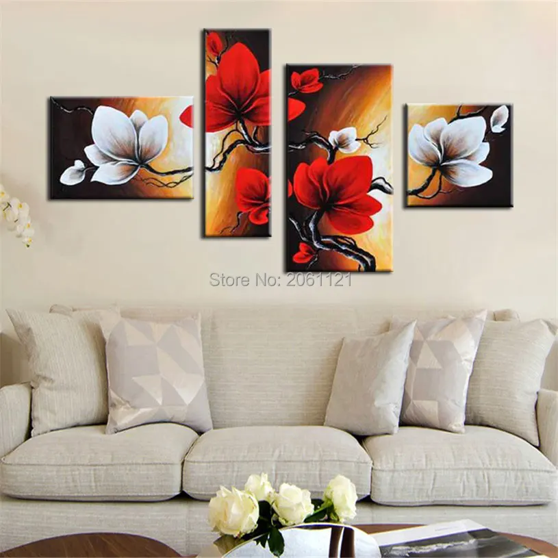 

Ручная роспись красные Рисование акриловыми красками цветок цветы модульные картины 4 шт. картина маслом на холсте стены искусства