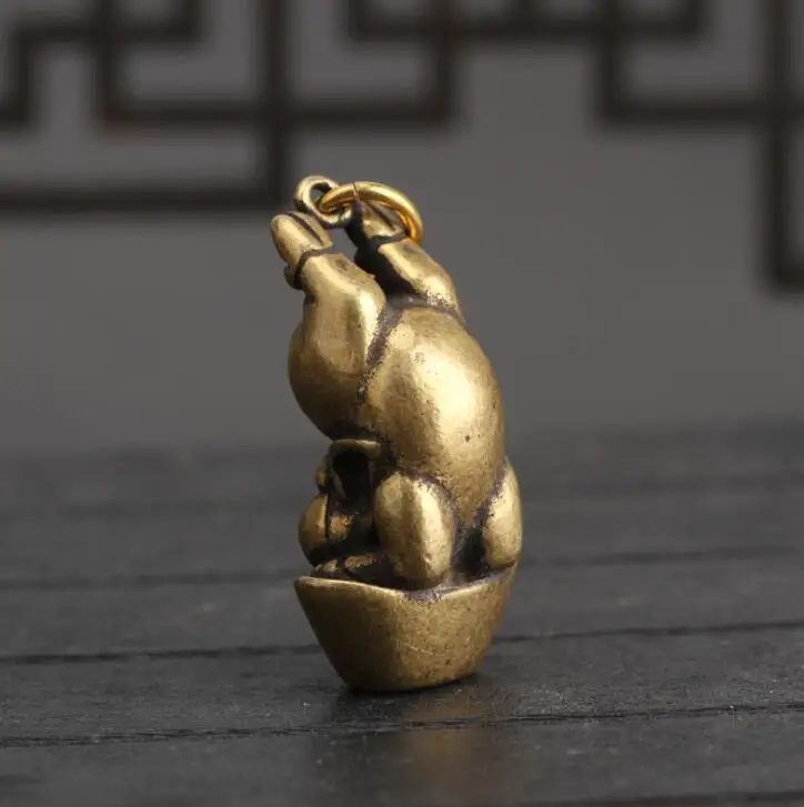 Collection Chinese Brass Carved Zodiac Animal Pig Yuan Bao Exquisite Small Pendant Statues