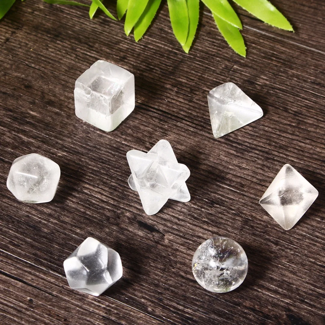 7Pcs Clear Quartz Crystal Gem Stenen Platonische Solids Heilige Geometrische Healing Reiki Steen Gesneden Ambachten Sieraden Maken 18-25Mm